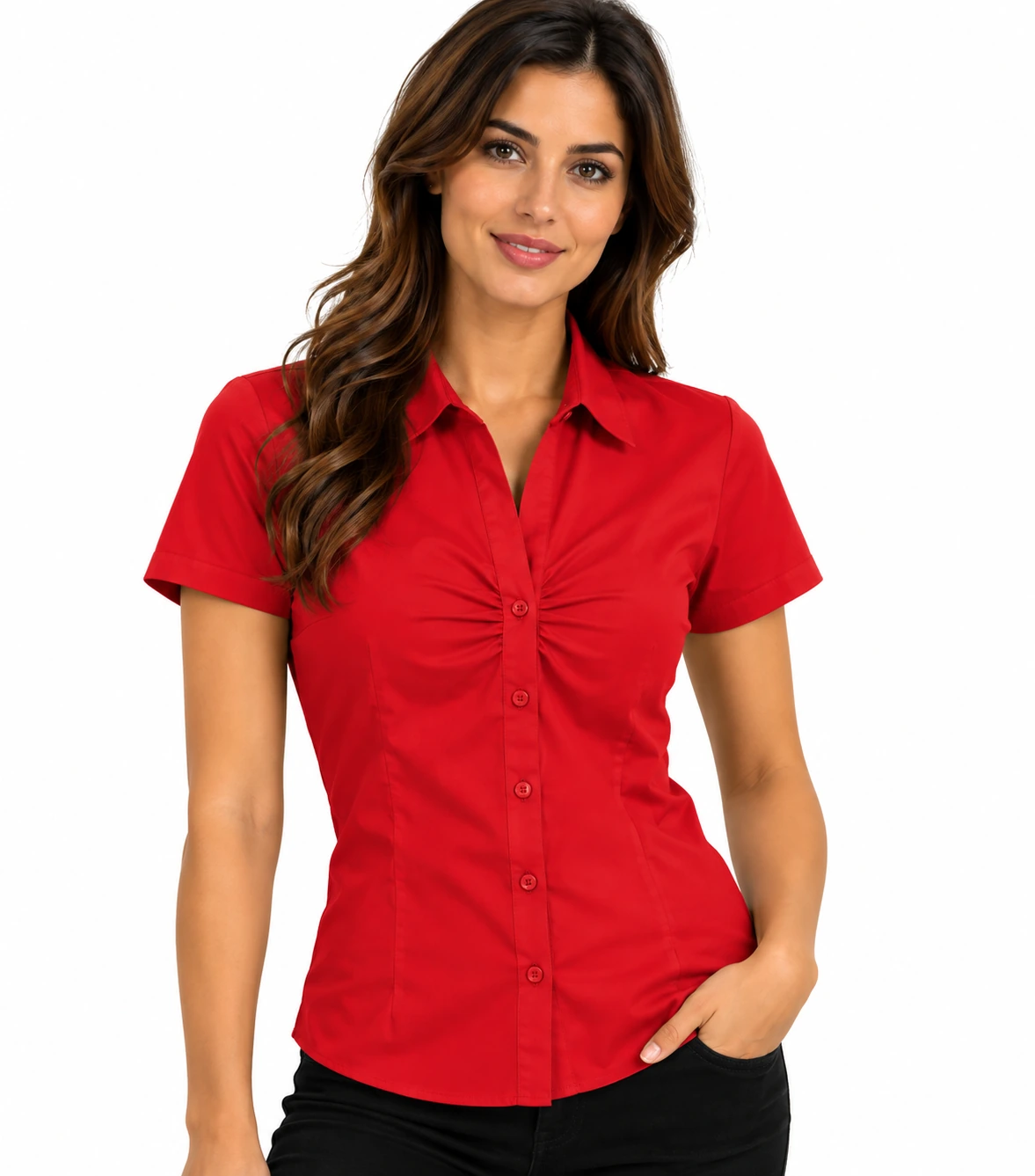 Női puplin ing rövidujjú - Piros